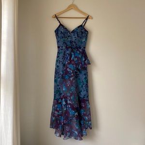 Marchesa Notte Colorblock Floral Organza Sleeveless High-Low Side Ruffle Dress